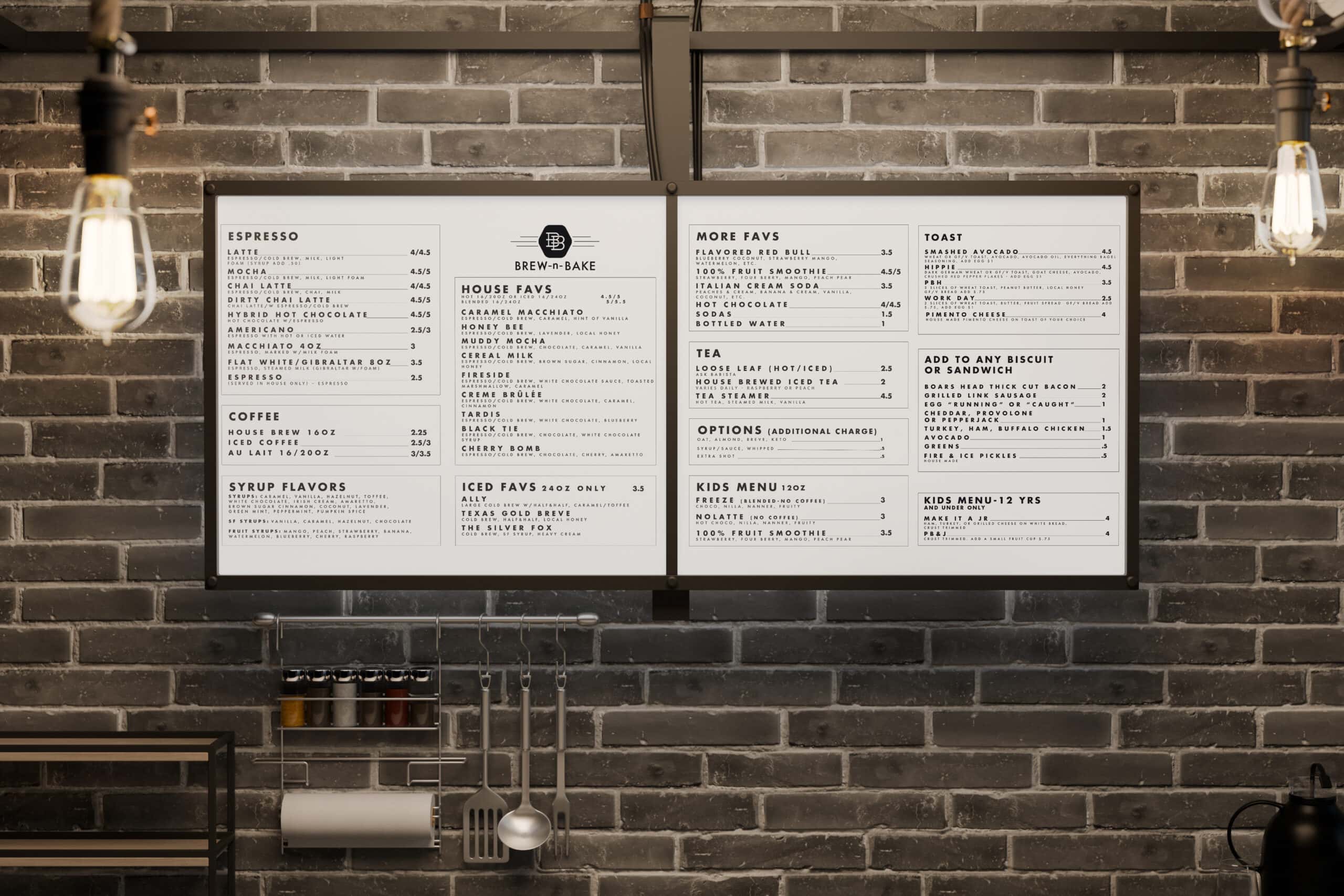 A coffee shop menu on a brick wall lists espresso drinks, coffee, syrups, iced drinks, house specials, food options like sandwiches and toast, a kids menu, and add-ons in black text on a white background. - Market Design Team: Define. Structure. Expand.