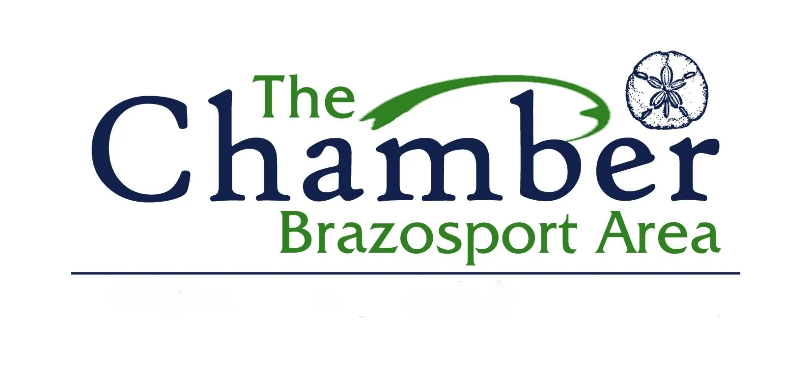Logo for The Brazosport Chamber. "The" and "Brazosport Area" are in green text, "Chamber" is in blue, with a green curved line and a sand dollar symbol above the letters "b" and "e. - Market Design Team: Define. Structure. Expand.