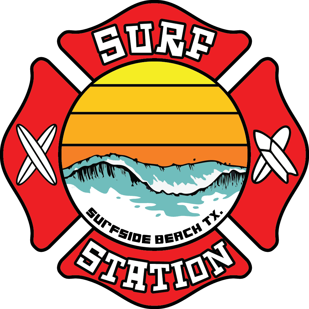 A red badge with a yellow and orange sunset, ocean waves, and “Surfside Beach TX.” Two surfboards stand on each side. Bold white letters display “Surf Station” at the top and bottom, highlighting the vibrant Surfside Station vibe. - Market Design Team: Define. Structure. Expand.