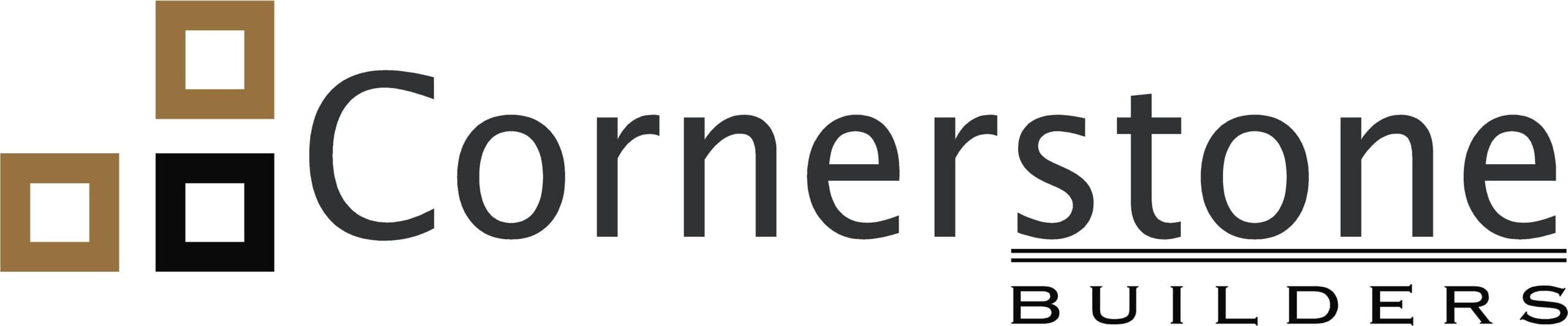 The Cornerstone Builders logo features three overlapping squares in brown, gold, and black on the left, symbolizing strength in construction, with "Cornerstone Builders" in bold, modern font on the right. - Market Design Team: Define. Structure. Expand.