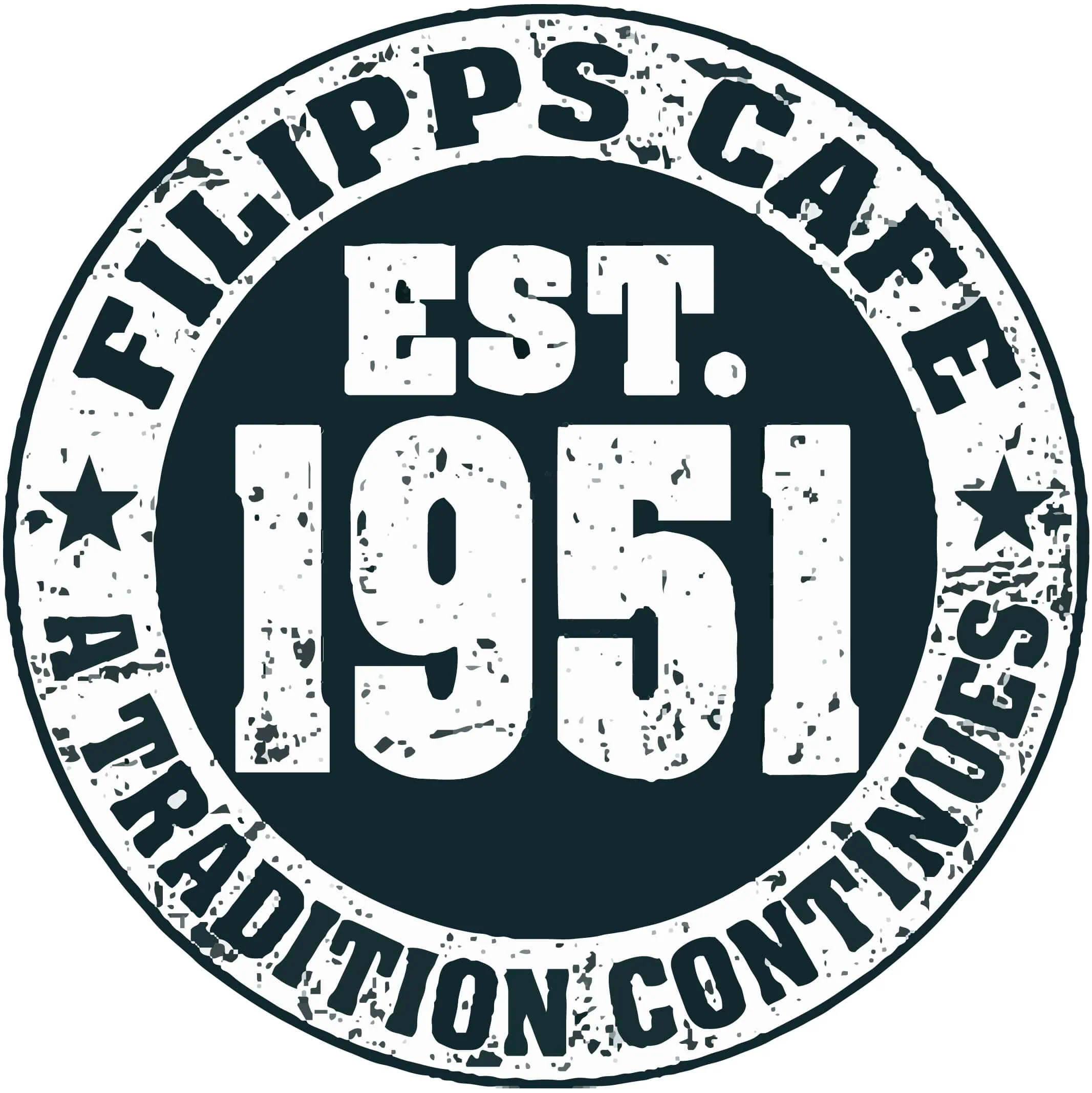 A circular, distressed-style logo for Filipps Cafe reads "FILIPPS CAFE EST. 1951 A TRADITION CONTINUES" in bold white letters on a dark background with star icons. - Market Design Team: Define. Structure. Expand.