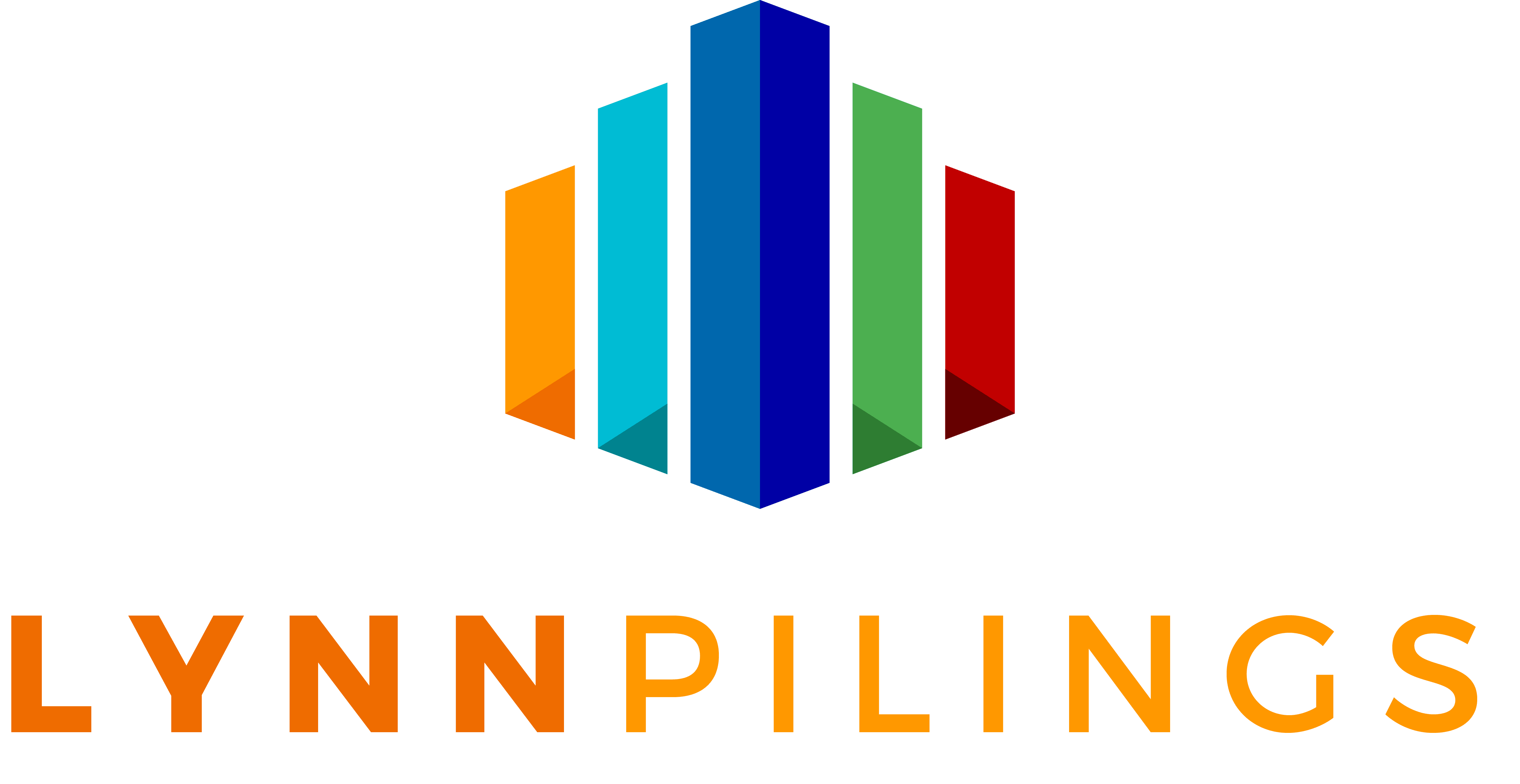 Logo for Lynn Pilings featuring six vertical, multicolored bars of varying heights that evoke building structures, positioned above the bold, orange "LYNN PILINGS" name in capital letters. - Market Design Team: Define. Structure. Expand.