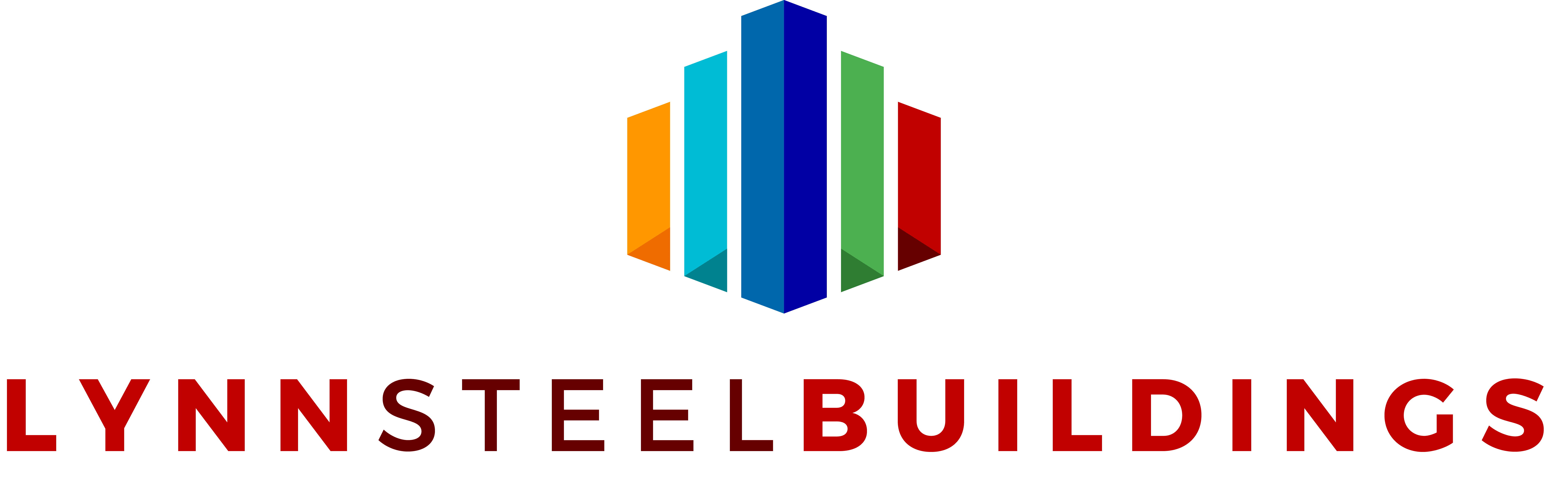 Logo for Lynn Steel Buildings featuring a geometric design with vertical colored bars in blue, green, and orange, forming a stylized building shape above the company name in bold red capital letters. - Market Design Team: Define. Structure. Expand.