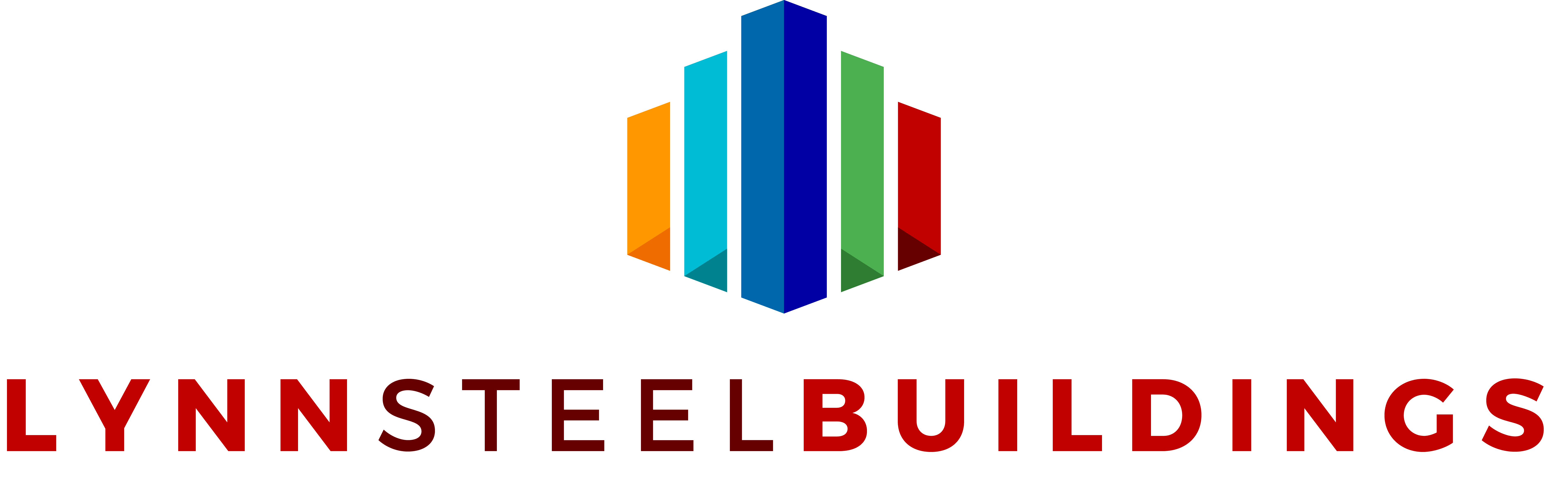Logo for Lynn Steel Buildings featuring a geometric design with vertical colored bars in blue, green, and orange, forming a stylized building shape above the company name in bold red capital letters. - Market Design Team: Define. Structure. Expand.