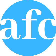 Lowercase black letters "afc" overlap in a serif font, centered on a solid light blue circle, representing Angleton First with no additional elements or background visible. - Market Design Team: Define. Structure. Expand.
