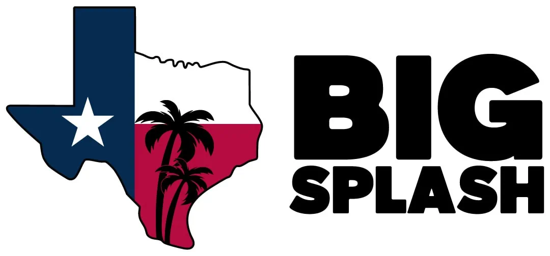 Outline of Texas filled with blue, white, and red, featuring two black palm trees. To the right, bold black text reads "BIG SPLASH. - Market Design Team: Define. Structure. Expand.