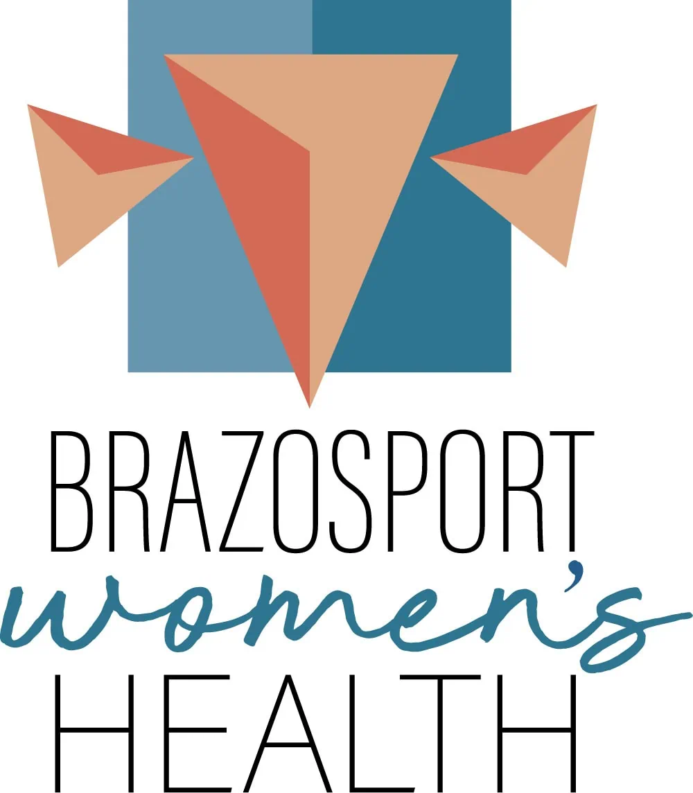 Logo for Brazosport Women’s Health featuring three geometric shapes above two overlapping blue squares, with "Brazosport Womens Health" in black and blue fonts below the shapes, representing a commitment to Womens Health in Brazosport. - Market Design Team: Define. Structure. Expand.