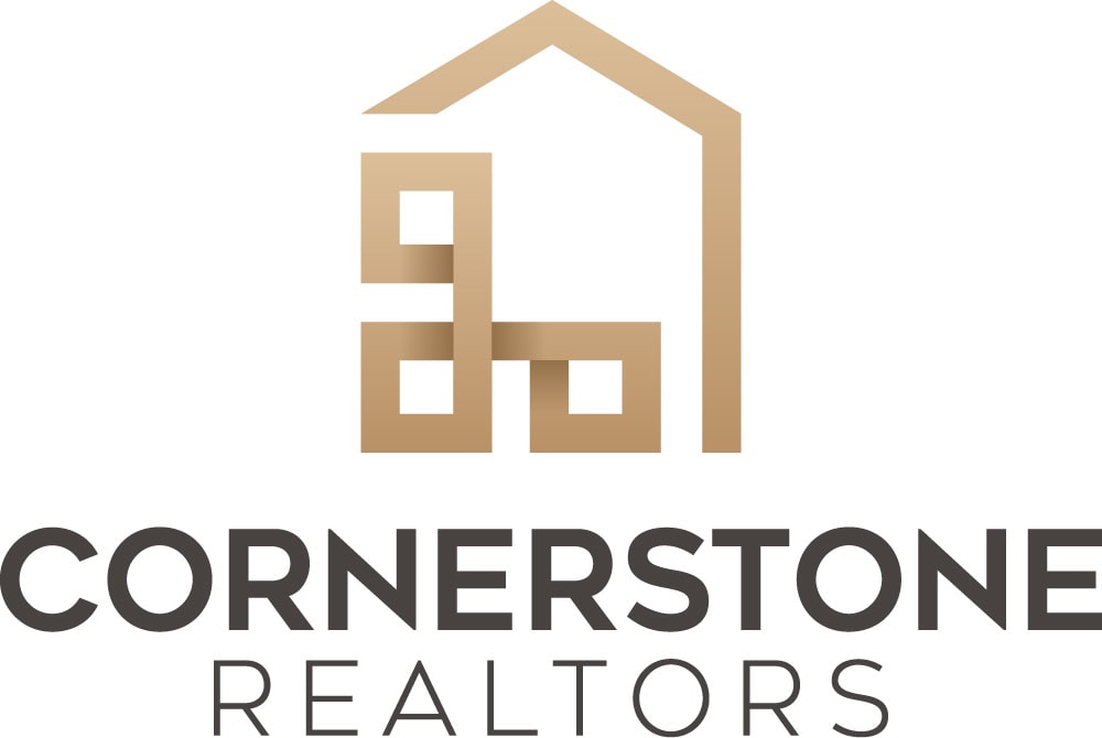 Logo for Cornerstone Realtors featuring a geometric house outline in gold above the company name, highlighting their expertise in real estate with "Cornerstone" in bold, uppercase black letters and "Realtors" in thinner lettering. - Market Design Team: Define. Structure. Expand.