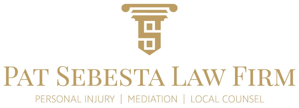 Pat Sebesta Law Firm logo features a stylized column and "S" graphic above the firm name. Below, it reads: Personal Injury | Mediation | Local Counsel in gold on a white background. Pat Sebesta Law Firm stands for trusted legal representation. - Market Design Team: Define. Structure. Expand.
