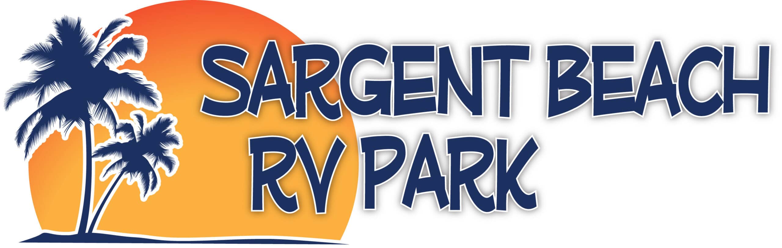 Logo for Sargent Beach RV Park features blue silhouettes of two palm trees on the left, a large orange sun in the background, and bold blue text reading "Sargent Beach RV Park" on the right—perfect for showcasing your favorite RV Park getaway. - Market Design Team: Define. Structure. Expand.