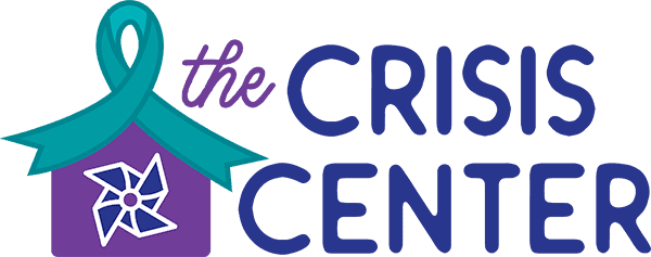 A logo with a teal awareness ribbon forming the roof of a purple house, featuring a white and blue pinwheel, beside the words "Crisis Center" in bold purple and blue letters. - Market Design Team: Define. Structure. Expand.
