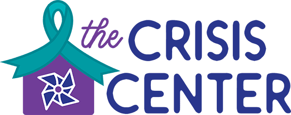 A logo with a teal awareness ribbon forming the roof of a purple house, featuring a white and blue pinwheel, beside the words "Crisis Center" in bold purple and blue letters. - Market Design Team: Define. Structure. Expand.