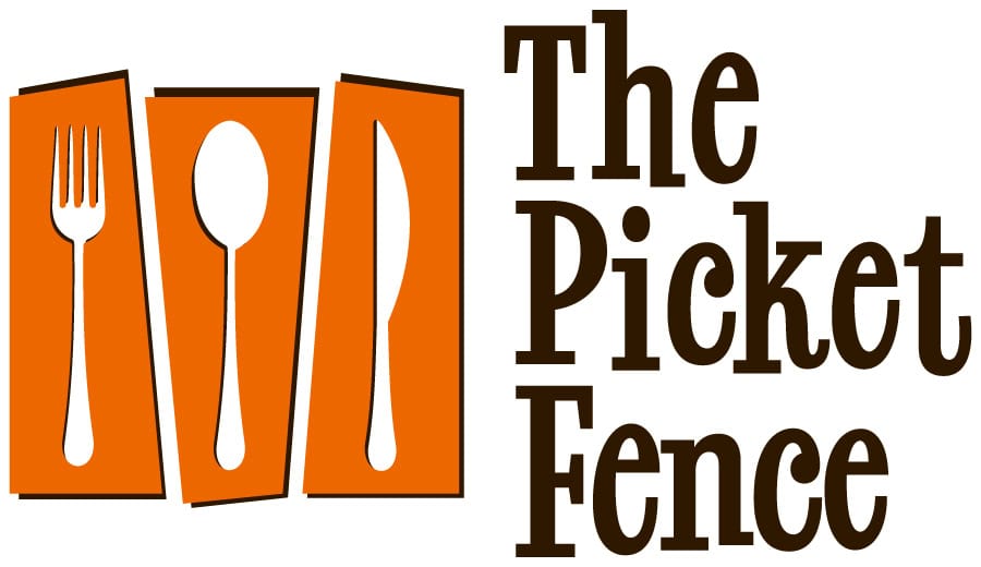 Logo for "The Picket Fence" featuring orange panels with white silhouettes of a fork, spoon, and knife, evoking the charm of a classic picket fence beside the restaurant name in bold black text. - Market Design Team: Define. Structure. Expand.