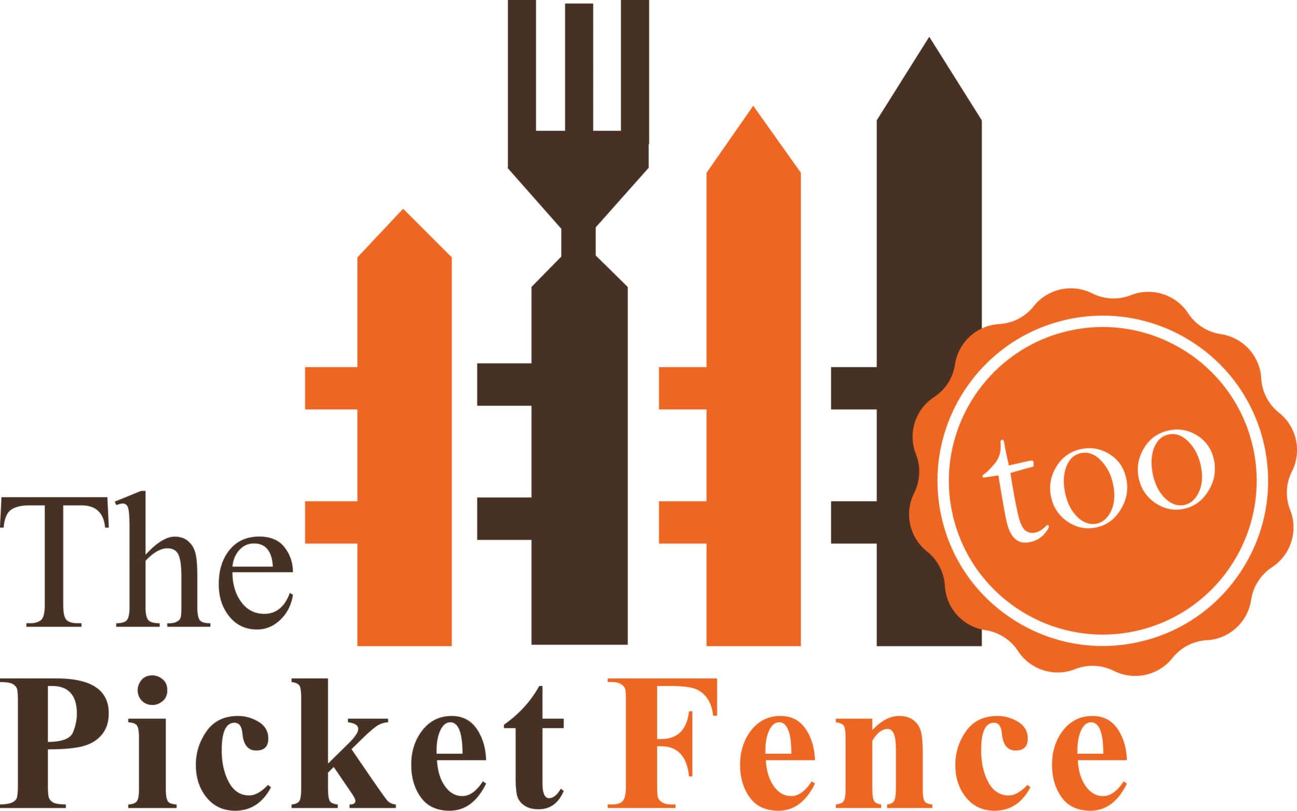 Logo for "Picket Fence Too" features stylized orange and brown fence posts, including one shaped like a fork, plus an orange seal with "too" in lowercase white letters—perfectly capturing the Picket Fence Too brand. - Market Design Team: Define. Structure. Expand.
