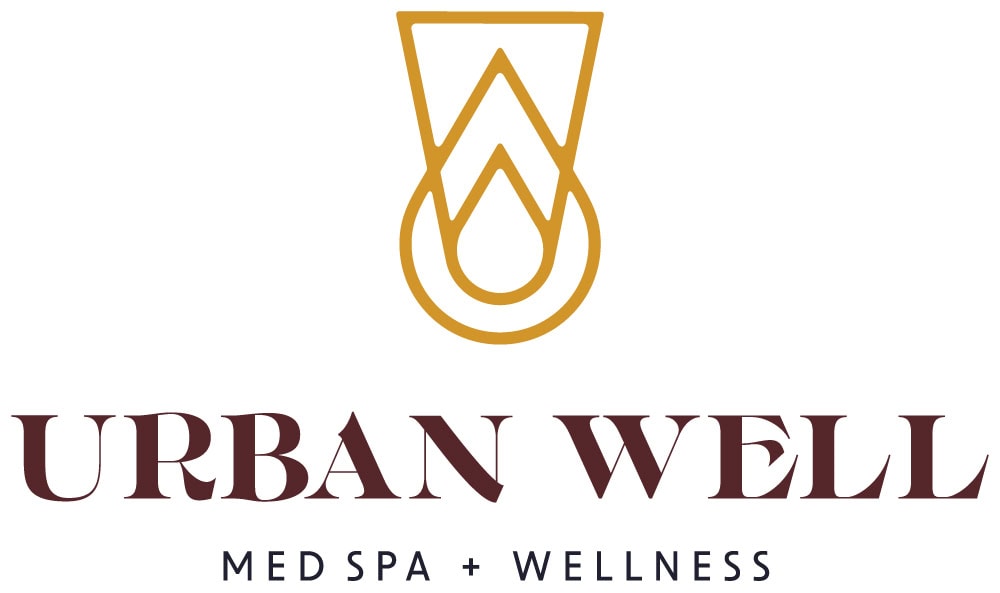 A geometric gold logo above the words "URBAN WELL" in large maroon font, with "MED SPA + WELLNESS" in smaller black letters underneath. The background is white. - Market Design Team: Define. Structure. Expand.