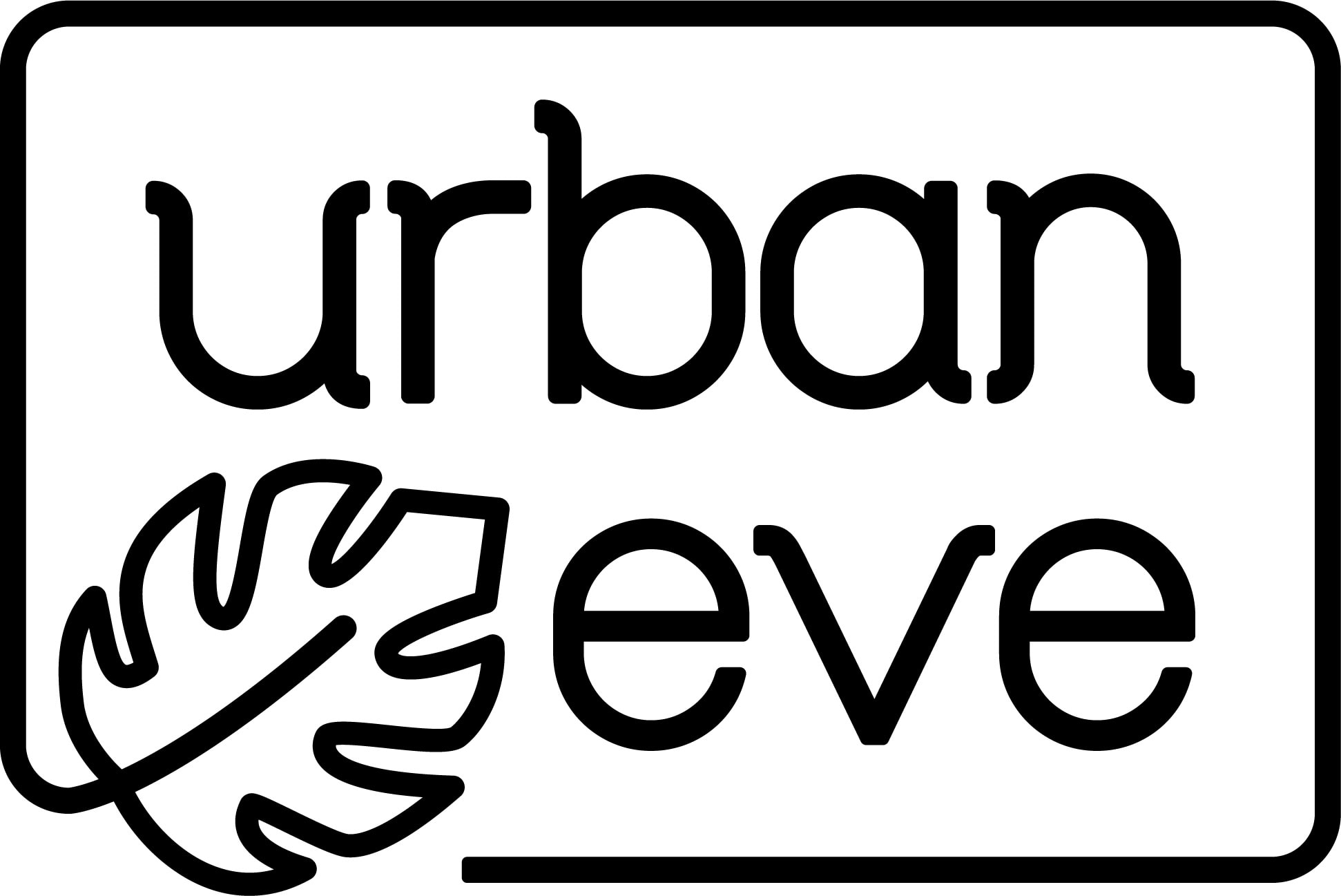 Black and white logo with the words "urban eve" in lowercase letters. A large outline of a monstera leaf appears to the left of the word "eve." The entire design is enclosed in a rectangular border. - Market Design Team: Define. Structure. Expand.