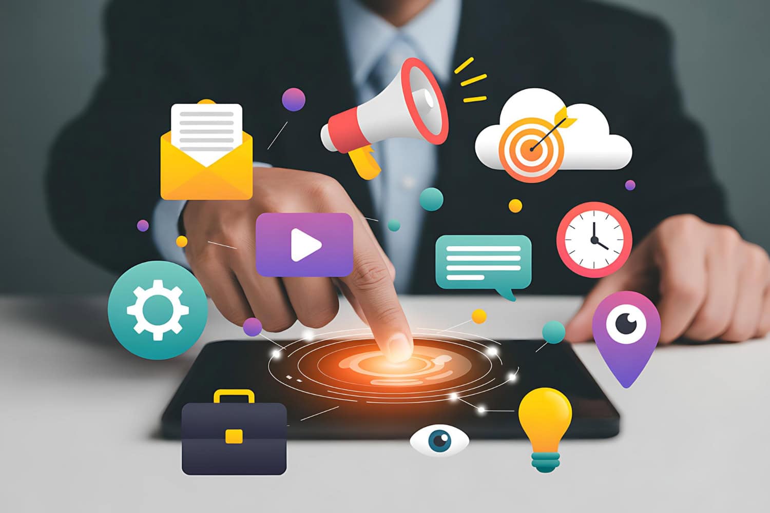 A person in a suit uses a tablet on a desk, with colorful digital marketing icons like email, megaphone, and target floating above&mdash;perfectly capturing the organized chaos of a marketing agency&rsquo;s weekly responsibilities. - Market Design Team: Define. Structure. Expand.