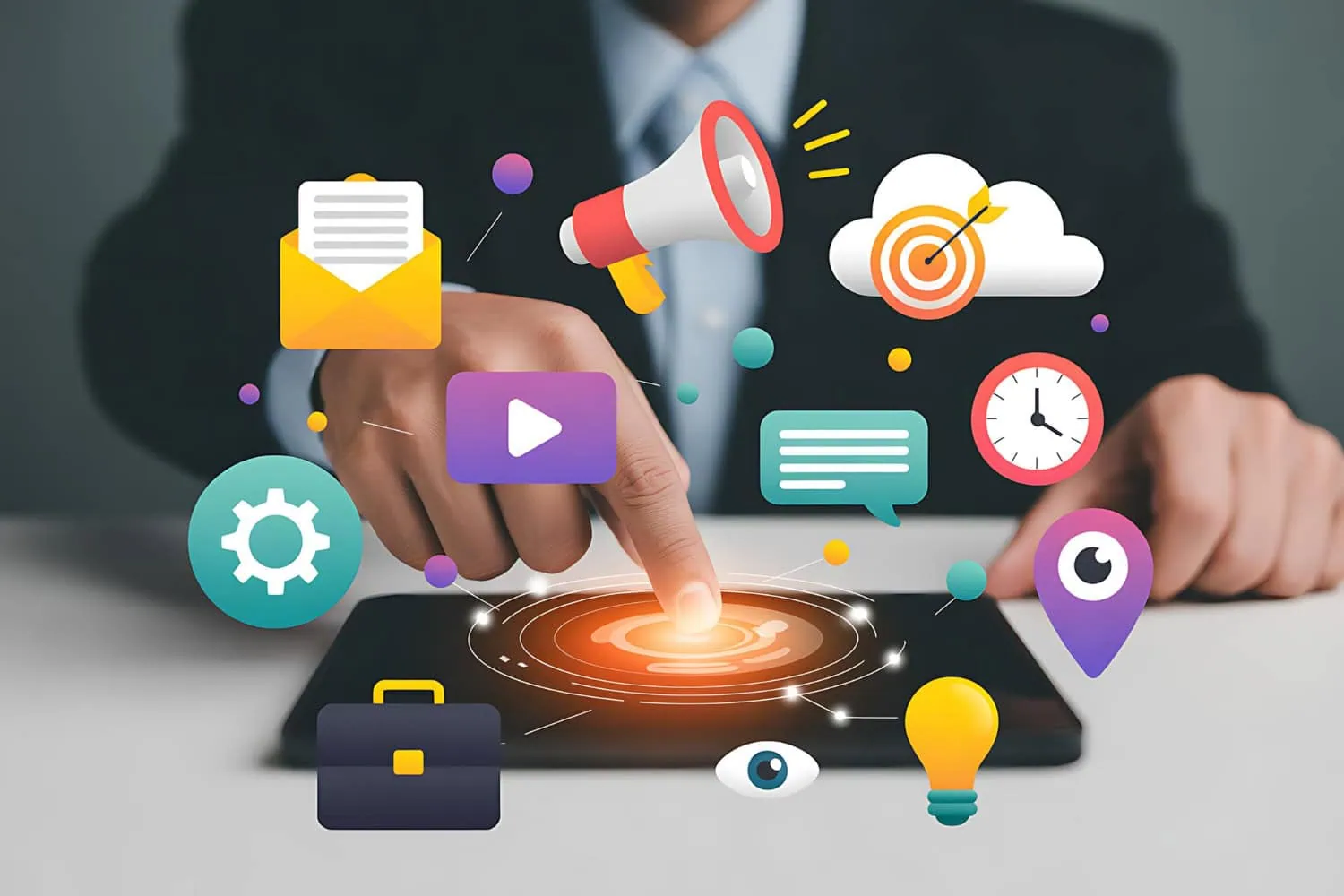 A person in a suit uses a tablet on a desk, with colorful digital marketing icons like email, megaphone, and target floating above—perfectly capturing the organized chaos of a marketing agency’s weekly responsibilities. - Market Design Team: Define. Structure. Expand.