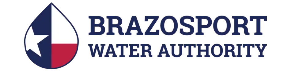 brazosport water authority logo showcases a distinctive water drop featuring the texas flag, accompanied by bold blue text reading “brazosport water authority” on a light background, perfectly representing the brazosport area and its dedicated water authority. market design team: define. structure. expand.