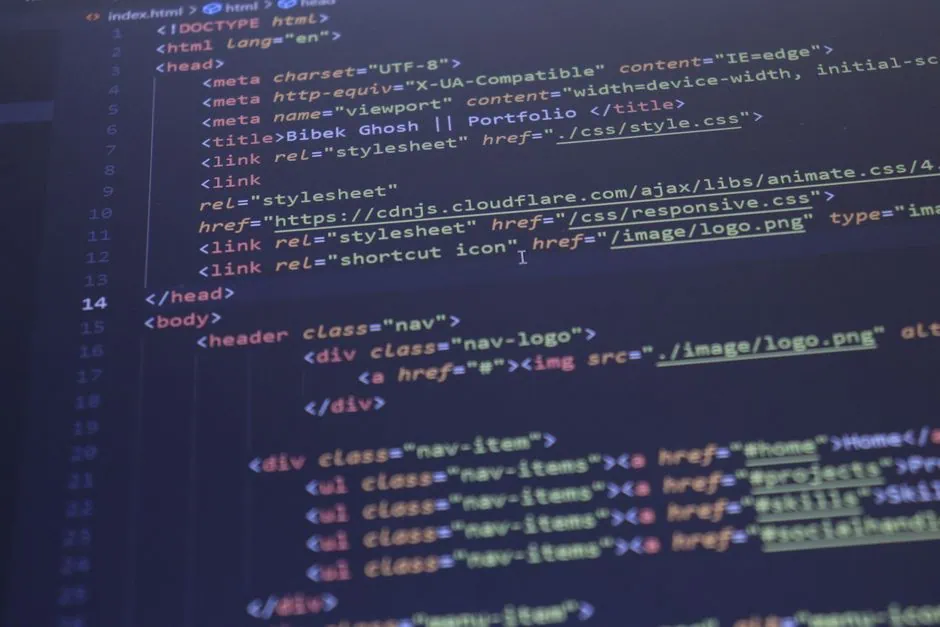 a computer screen displays html code for a website, highlighting head and body sections with meta tags, stylesheet links, and a navigation menu structure in a code editor—a behind the scenes look at website development services tailored for businesses in brazoria county. market design team: define. structure. expand.
