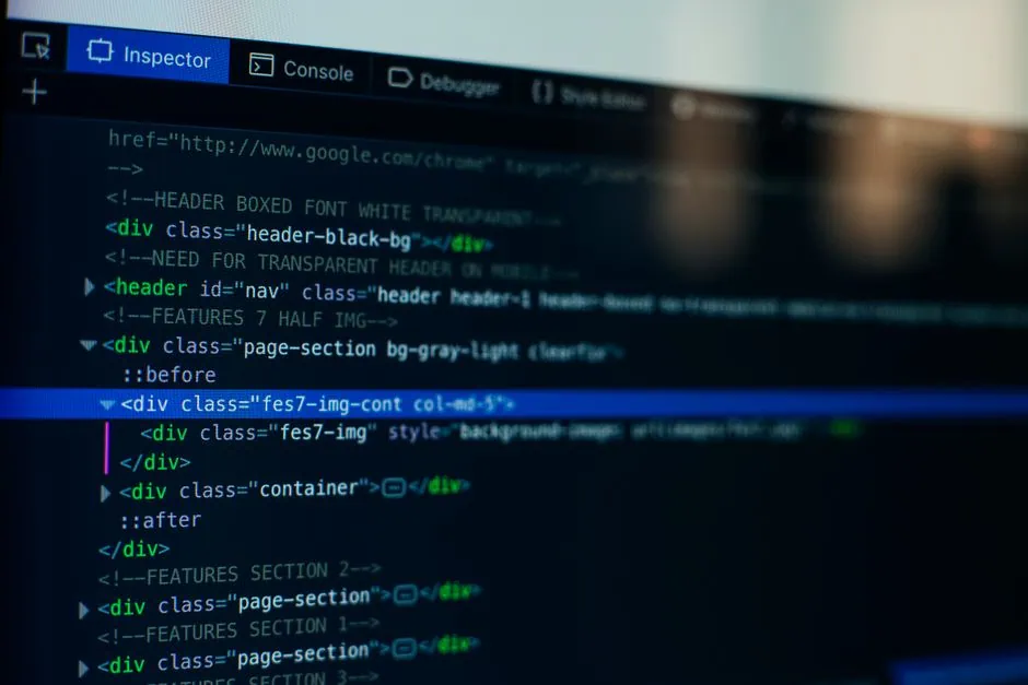 a computer screen displays html and css code in a dark themed code editor, highlighting website development services. the code includes div classes and style attributes, with blue and green text for easy readability. at the top, various tabs like inspector and console are visible—essential tools for local businesses in lake jackson looking to refine their online presence. market design team: define. structure. expand.
