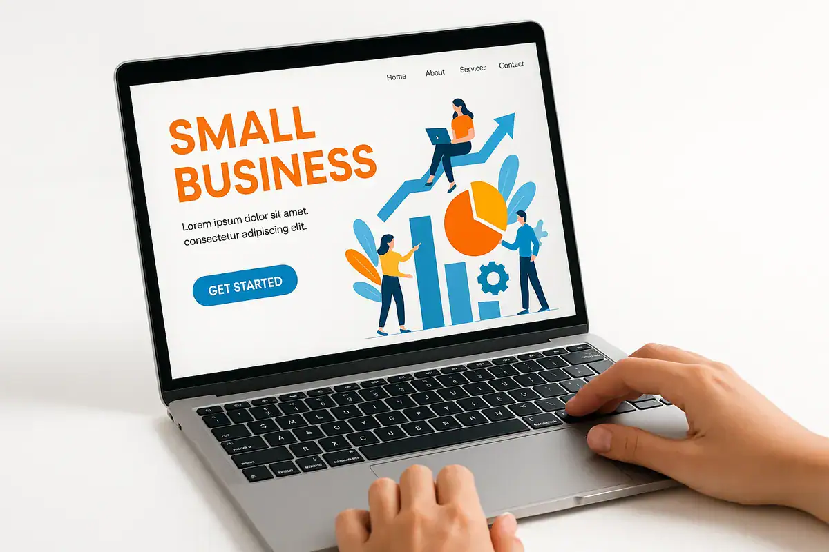 5 Key Benefits of Small Business Website Design in Angleton, TX A sleek laptop displays a vibrant small business website design as a person navigates the touchpad.