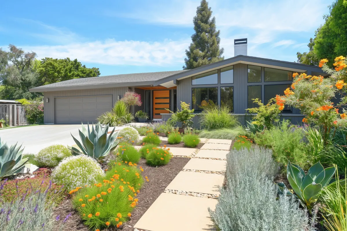 A renovated house with a stylish facade, neat garage, and vibrant garden pathway, symbolizing local business appeal.
