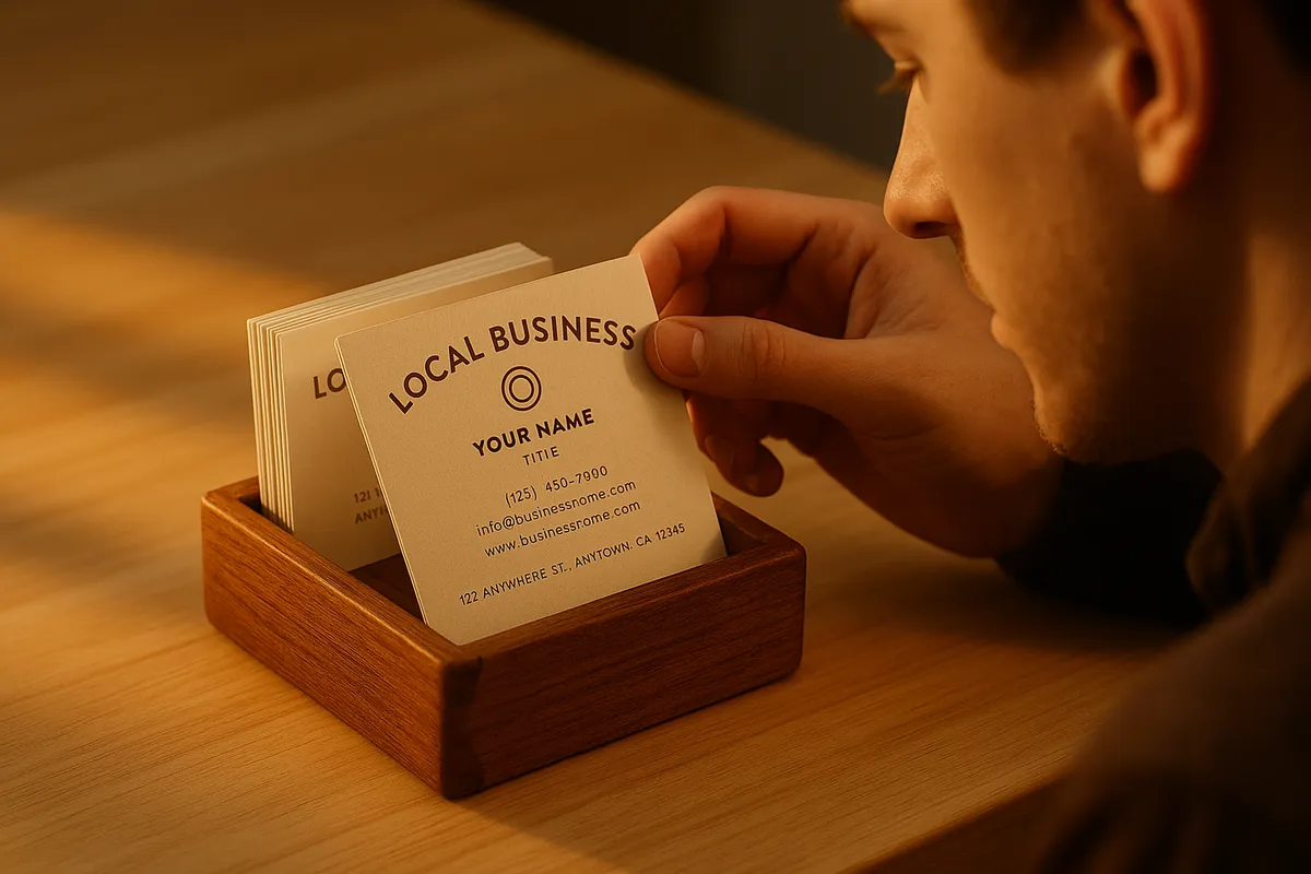 Are You Overlooking These Key Aspects of Local Business Marketing Services? A handcrafted wooden business card holder with neatly arranged cards, as a person examines the branding.
