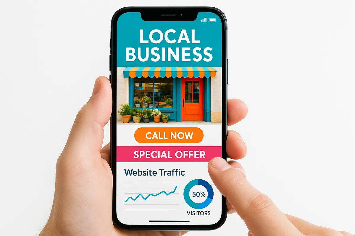 A hand points at a smartphone displaying a vibrant local business website, highlighting digital marketing engagement.