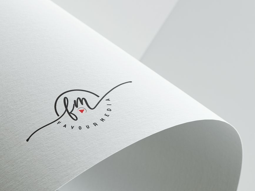 professional logo design for favour media featuring the lowercase letters “fm” in a stylized script font with a small red play button icon, centered on a white textured background. market design team: define. structure. expand.